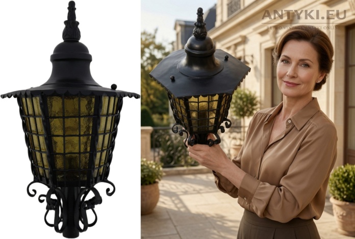 lampa zewnętrzna z miodowym szkłem w aranżacji przed domem
